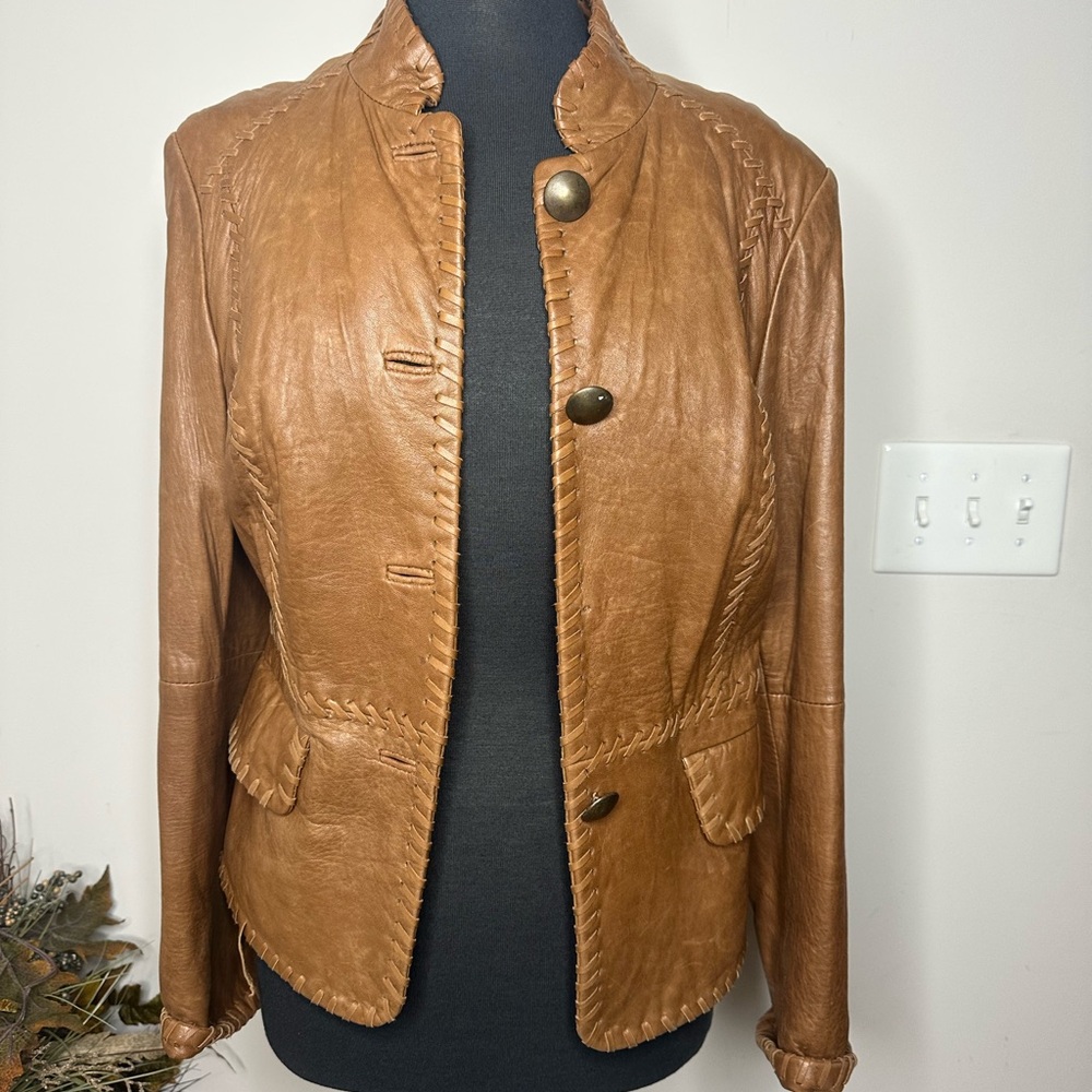 Reba Tan Leather Jacket with Button Detail - Picture 1 of 6
